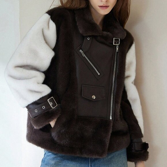 Brown Casual Women's Lapel Zipper Faux Fur colorblock Jacket - Picture 5 of 6